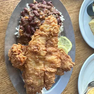 Fried Catfish and Red Beans and Rice. Supper yummy with big portions.