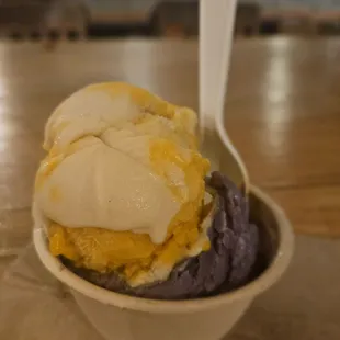 Single scoop, $5.95 (with 2 flavors:  Mango Sticky Rice and Ube Pandesal Toffee)