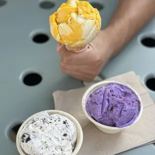 Mango sticky rice, ube pandesal, milk &amp; cookies