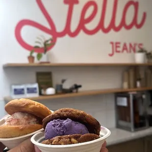 Ube on walnut chocolate chip cookies and the guava cream cheese ice cream on butter cake cookies