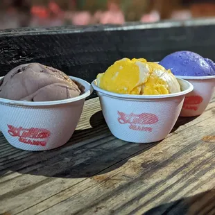 Chocolate, mango sticky rice, ube pandesal