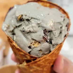 S&apos;mores ice cream in waffle cone