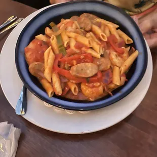 Create Your Own Pasta with Shrimp, Sausage and Penne pasta.