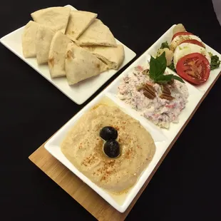 Cold Trio Plate With Crab and Artichoke salad,Homemade hummus and Caprese
