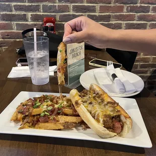 Chili dog and bacon cheese fries