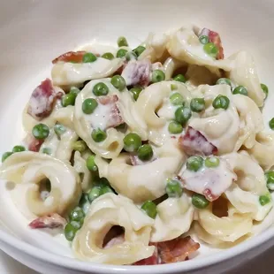 3 cheese tortellini with guanciale, young peas, &amp; a white wine cream sauce