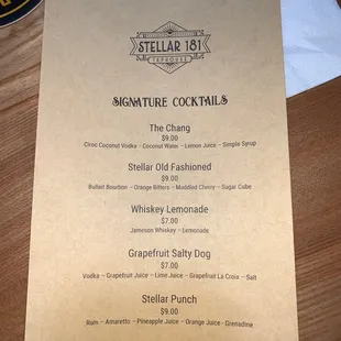 Cocktail menu