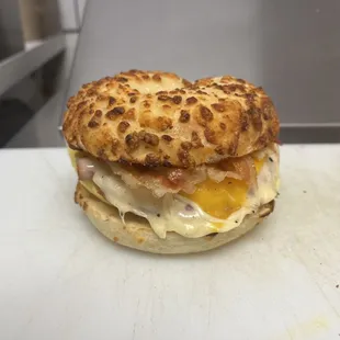 Another stacked breakfast sandwich on Asiago bagel