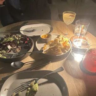 Roasted radicchio salad, mushroom tempura Prickly Pear Caipirinha and not sure of the other cocktail