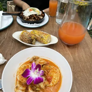 Jerk Chicken Hash, Coconut Crusted Corn, Shrimp and Grits, Rum Punch