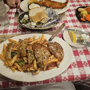 I ordered the grilled salmon pasta Verde, but I substituted for veal. Fish fry for mom.