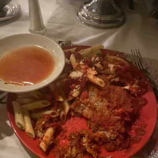 Veal Parmigiano. What a joke. The waitress said the was I poured off the plate was the sauce.