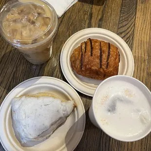 Dream tea, vanilla bean scone, chocolate croissant, lavender latte