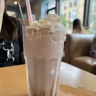 a chocolate milkshake with whipped cream