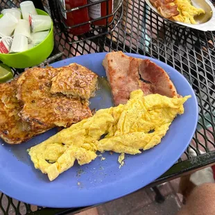 Banana Nut Bread French Toast with 2 eggs and ham!