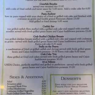 Back of the menu