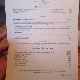 Front of the menu.
