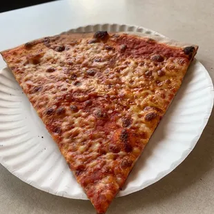 a slice of pizza on a paper plate