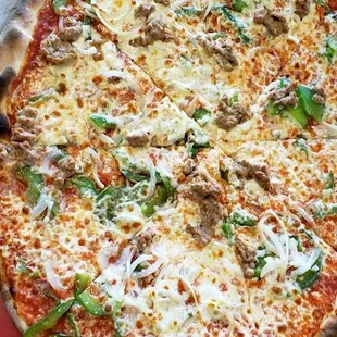 Sausage, green peppers, and onions