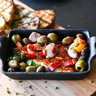 Happy Hour: Warm Bread Cheese with Italian Olives &amp; Grilled Sesame Bread