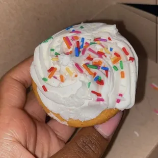 Vanilla cupcake with sprinkles.