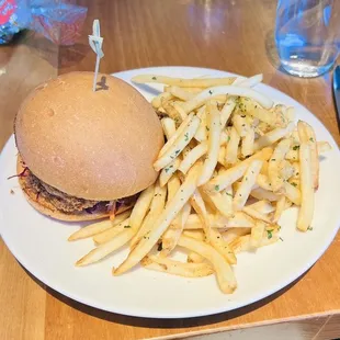 Crispy chicken sandwich with side of fries