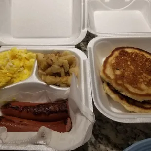 a tray of breakfast foods