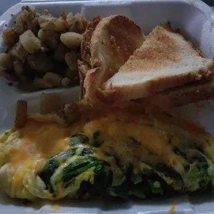 Spinach, Cheese, Mushroom Omelet w/potatoes and toast..yummm!!