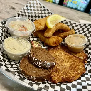 Famous Friday Cod Fry Dinner with Potato Pancakes - very good!