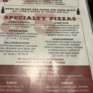 Partial photo of the menu