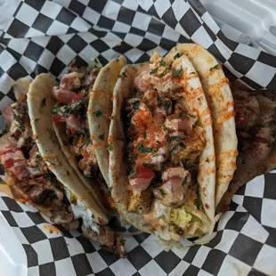 Tacos, chicken, fries