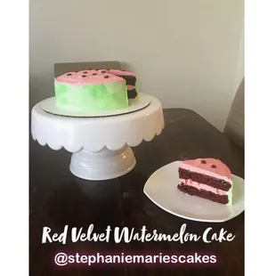 a red velvet watermelon cake and a slice of watermelon cake