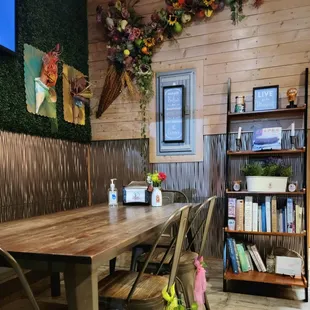 a table and chairs in a restaurant