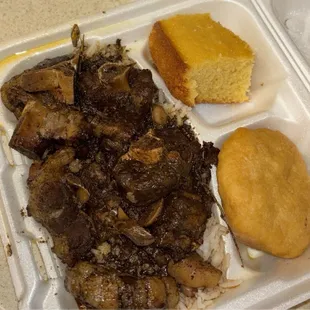 Jerk oxtails, corn bread, &amp; fried dumpling