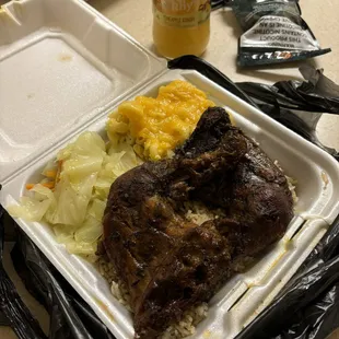 BBQ jerk chicken, mac and cheese, &amp; cabbage