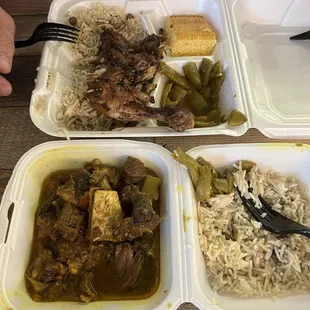 Jerk chicken with rice peas, beans and cornbread. Goat stew with rice and peas.