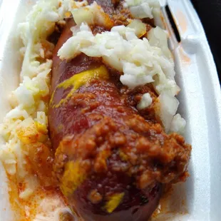Sausage Dog, all the way, add ketchup and coleslaw. No bun.