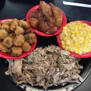Meat + 3 with BBQ Pork, Fried Okra, Corn, and Spiced Apples