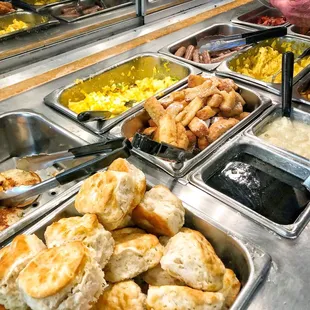 a buffet with a variety of food items
