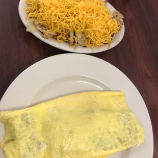 Goetta and Cheese Omelette with cheesy Home Fries