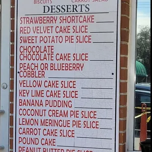 Desert menu