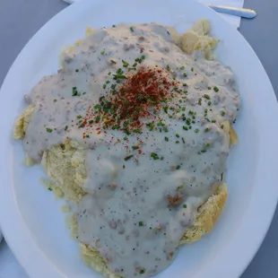 a plate of food with gravy