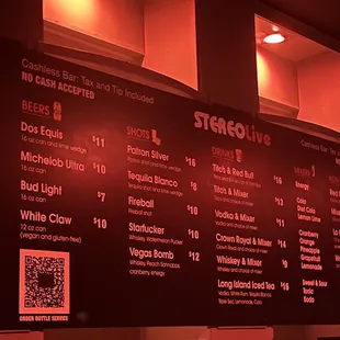 Bar menu and prices