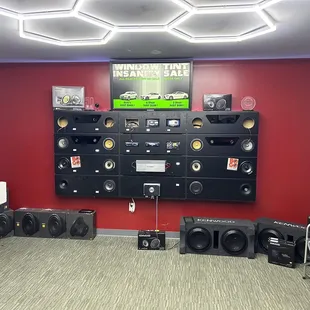 Sound room with various systems and speakers.