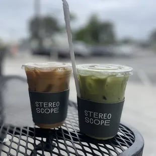 Madagascar Vanilla Latte and iced matcha latte