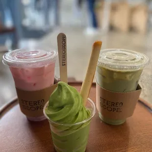 yorokobi matcha soft serve, sakura strawberry milk, sakura matcha milk