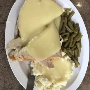 Hot turkey sandwich meal, included slaw or soup. I went with lemon rice soup. It's real turkey! Yum!