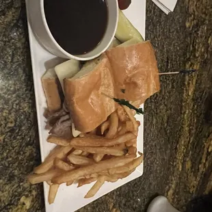French Dip Sandwich with French fries and auju