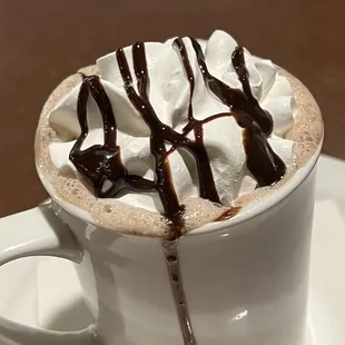 Hot chocolate with whip cream and chocolate drizzle