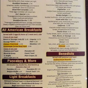 The first page of the menu lists the many breakfast choices offered at this fine diner, with a selection for every breakfast taste.